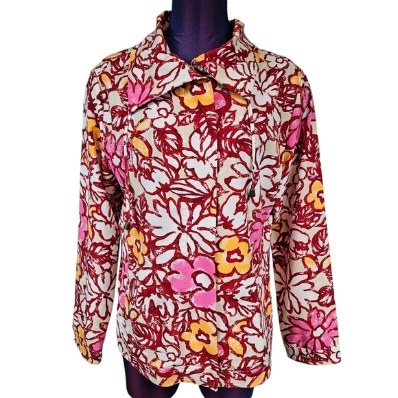 Chico's Zenergy Red & Orange Floral‎ Print Lightweight Jacket Size 8 Women's T7 - Picture 1 of 10